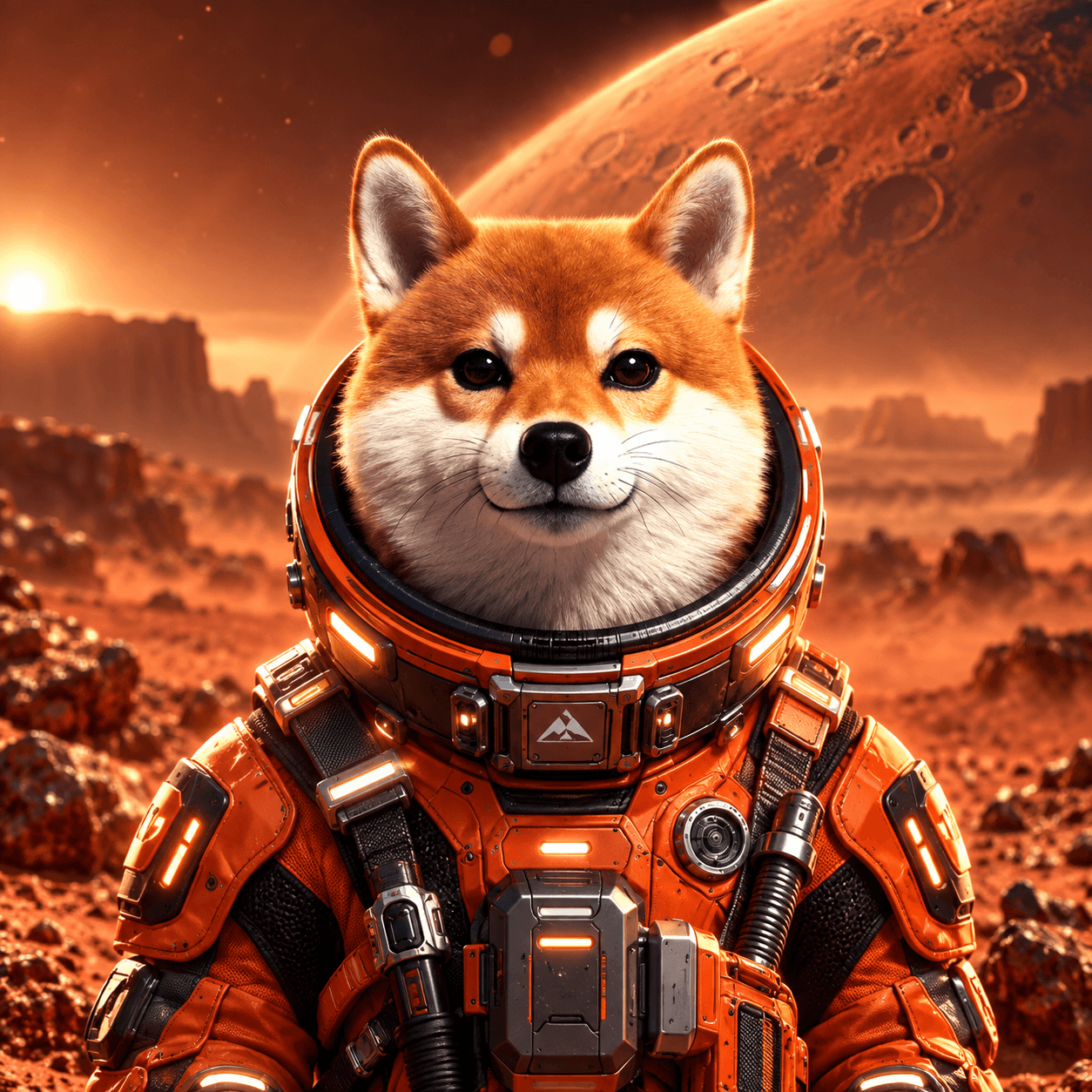 Mars Inu looking out across a glowing Martian landscape